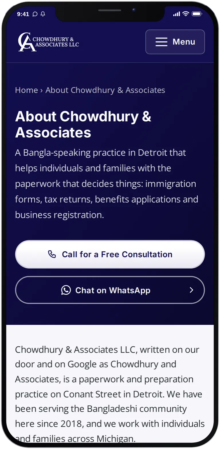 The About page on a phone: the page title, a short introduction, and call and WhatsApp buttons in a single column under the navy site header.